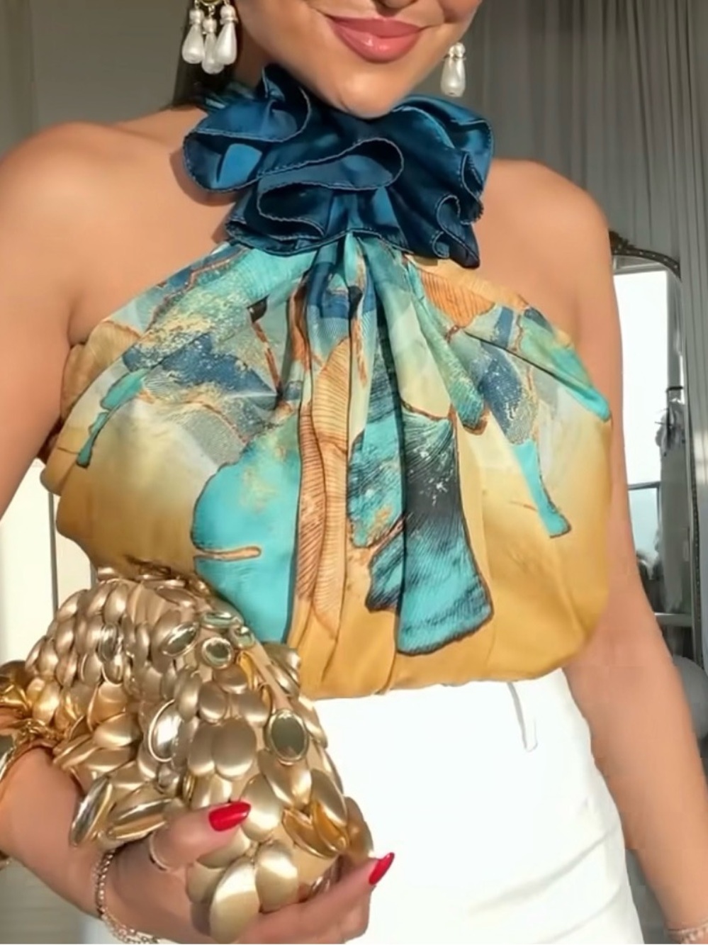 Soft Polyester Scarf Teal & Mustard with Satin Silk Feel Like